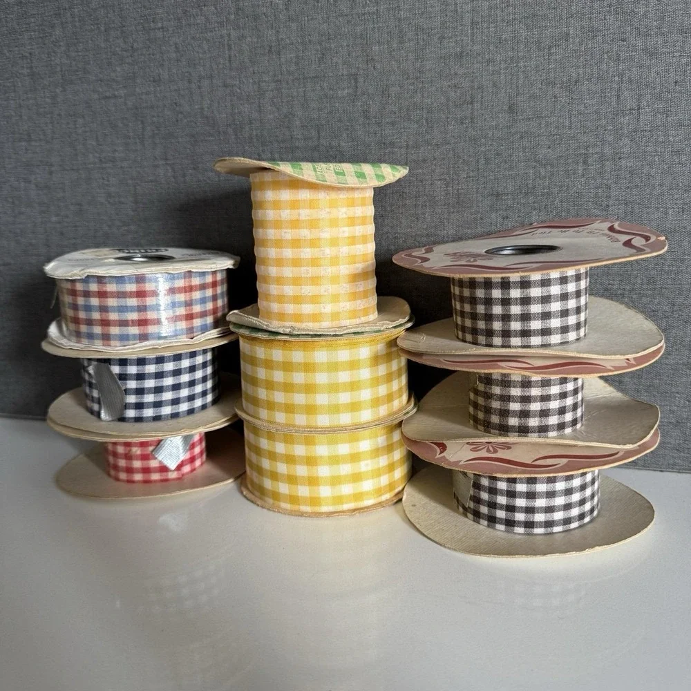 Vintage Lot of 9 Rolls Fabric Ribbons Red Yellow Brown Blue Pattern Check Plaid